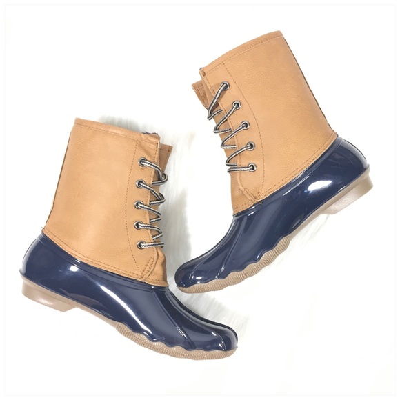 Navy Blue Tan Duck Boots Plaid Lining Size 9 - Picture 4 of 12